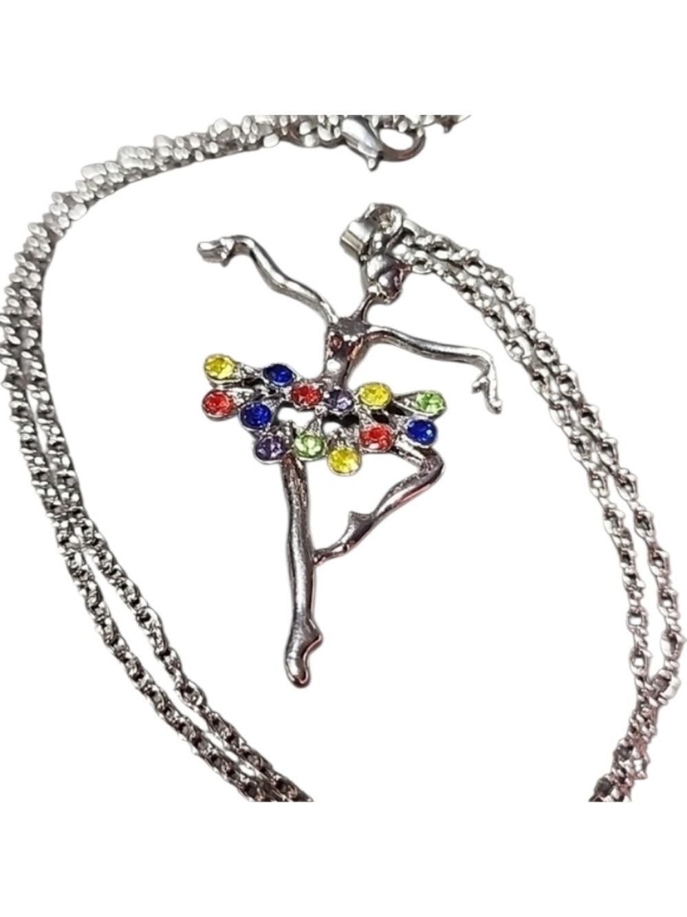 💥4 for $20💥Multicolor Rhinestone Silvertone Dancing Ballerina Necklace